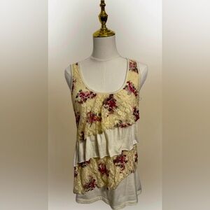 Dots Floral Lace Layered Tank Top - Cream and Pink